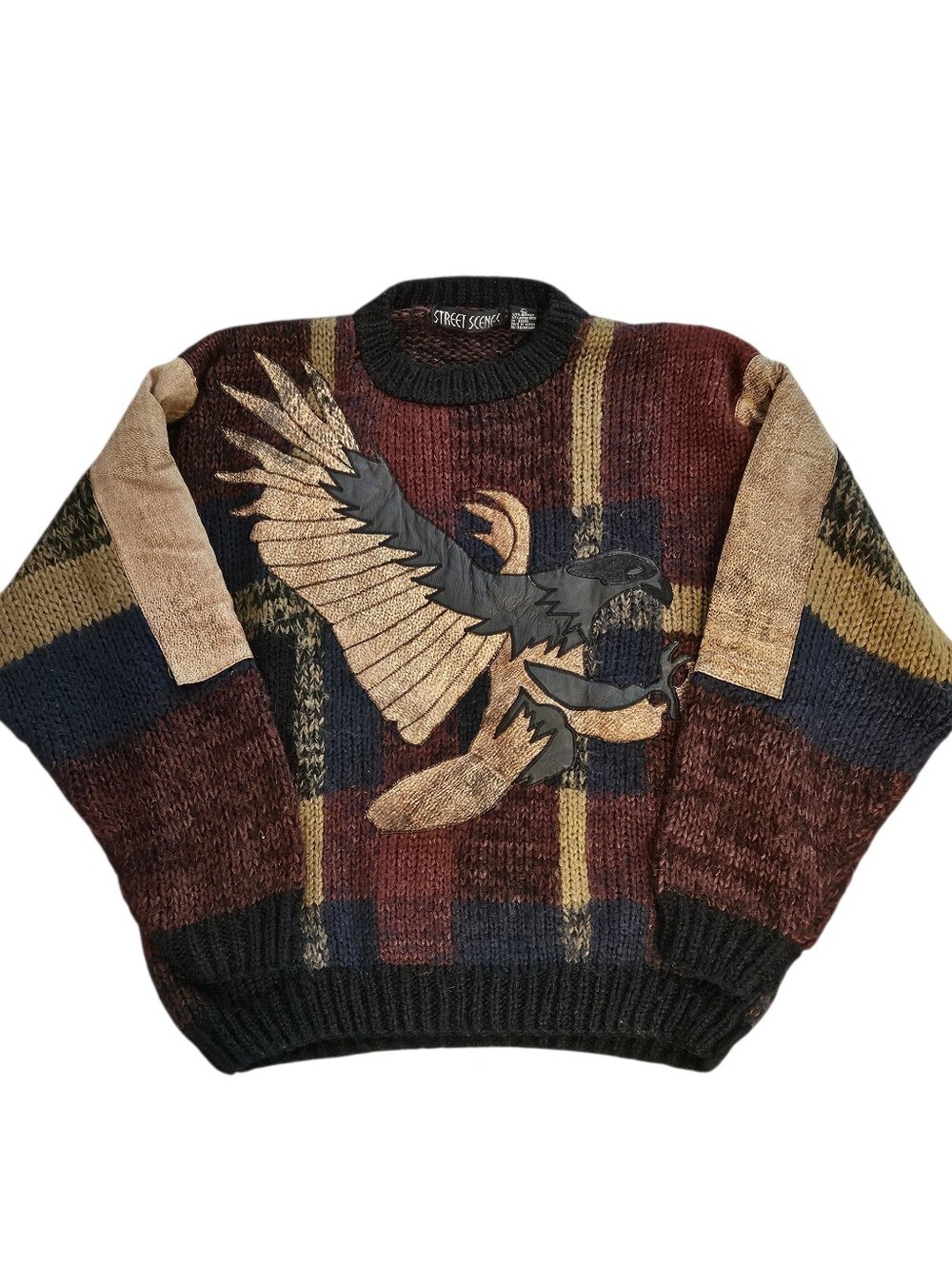 VINTAGE Street Scenes 80s Mixed Media Leather Eagle Sweater Large